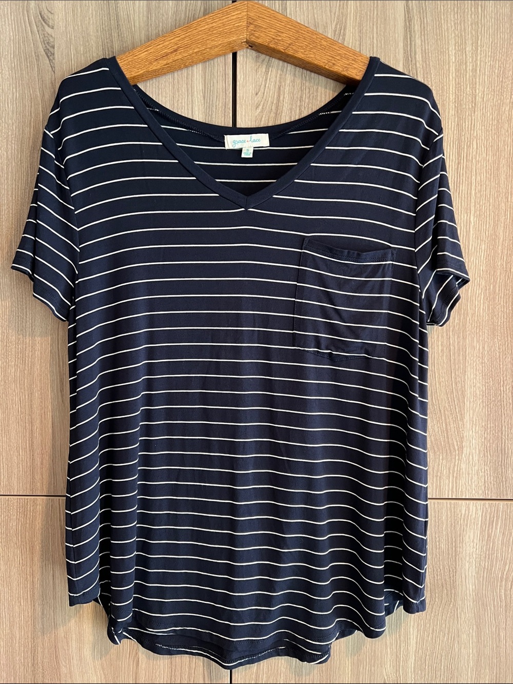 NWOT Grace & Lace Relaxed V-Neck Navy & White Striped Pocket Tee